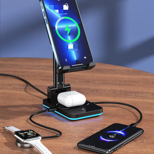 Black desktop wireless charging stand holding mobile phone at angle with power cord connected