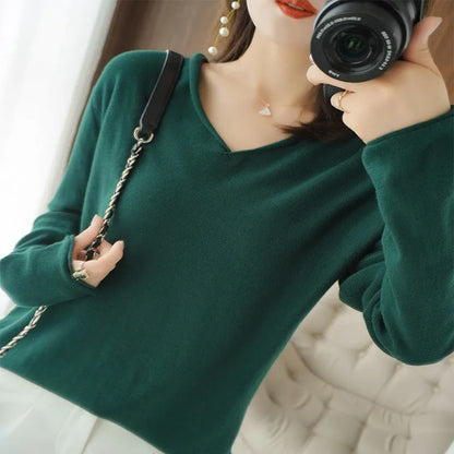 Women's V-neck long sleeve knitwear top in multiple colours with non-ironing fabric