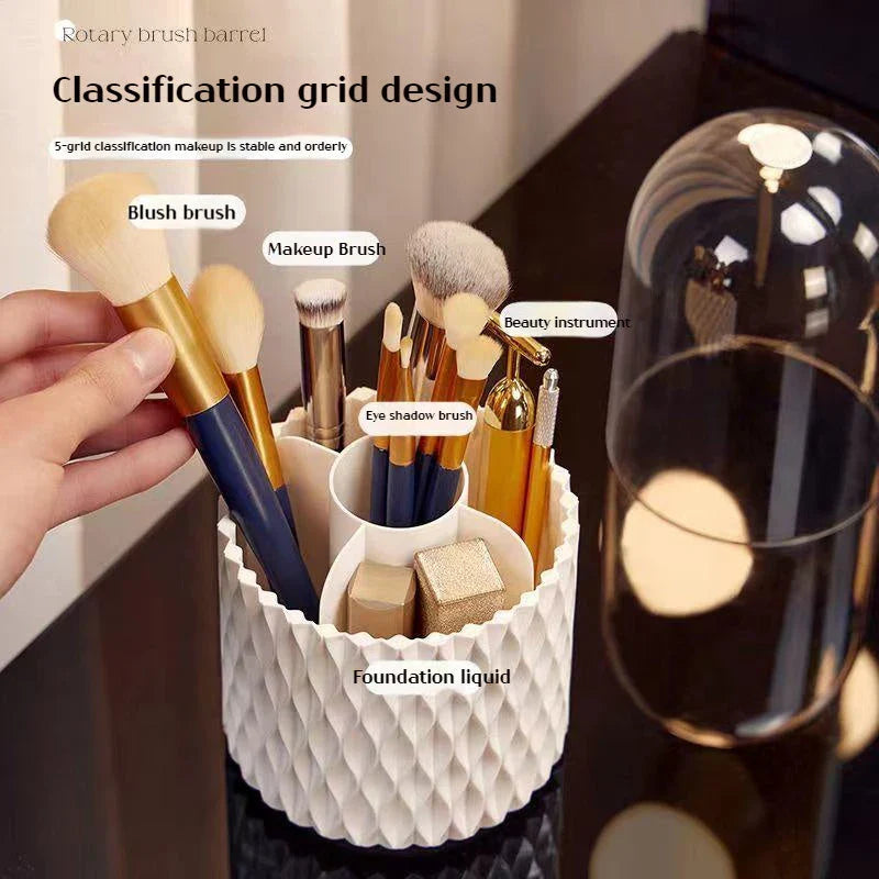 Rotating makeup brush holder with transparent cover, designed for organization and protection of cosmetic tools