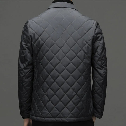 Men's lapel down jacket in black, shrimp blue, or dark grey with side seam pockets for winter wear