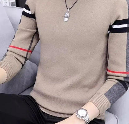 Men's slim-fit round neck pullover sweater in extra coarse wool with contrast colours, available in black, khaki, and apricot.