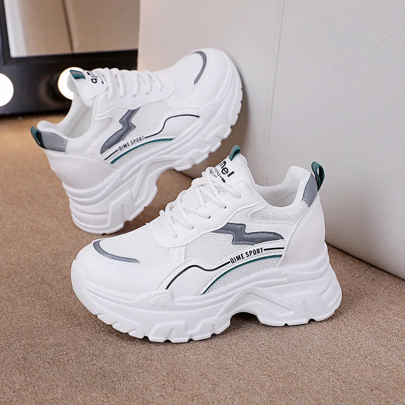 Women's white and beige height increasing dad shoes with lace-up front and rubber sole