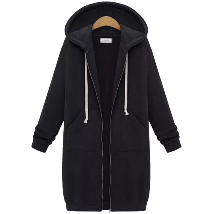 Hooded long sleeve sweater fleece jacket in navy blue with zipper closure