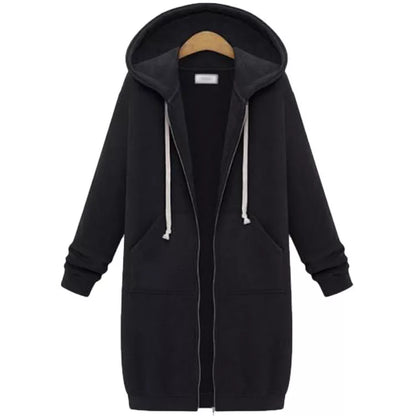 Hooded long sleeve sweater fleece jacket in navy blue with zipper closure