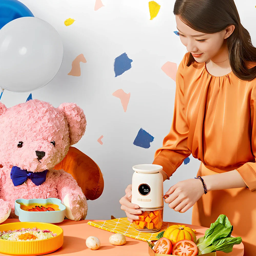 White baby food machine with USB charging cable, 100x100x195mm dimensions