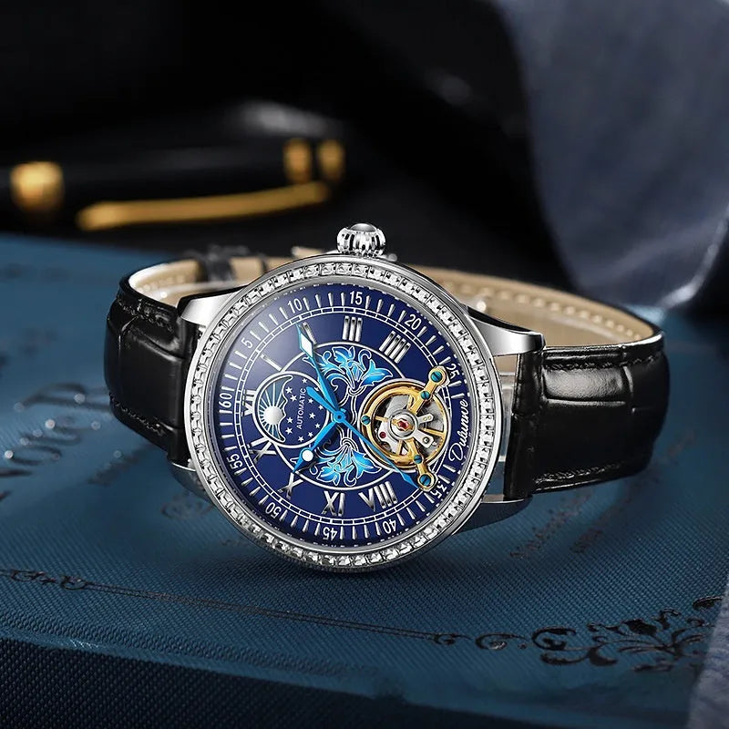 Men's waterproof mechanical watch with stainless steel case, 42mm dial, and butterfly buckle on wrist