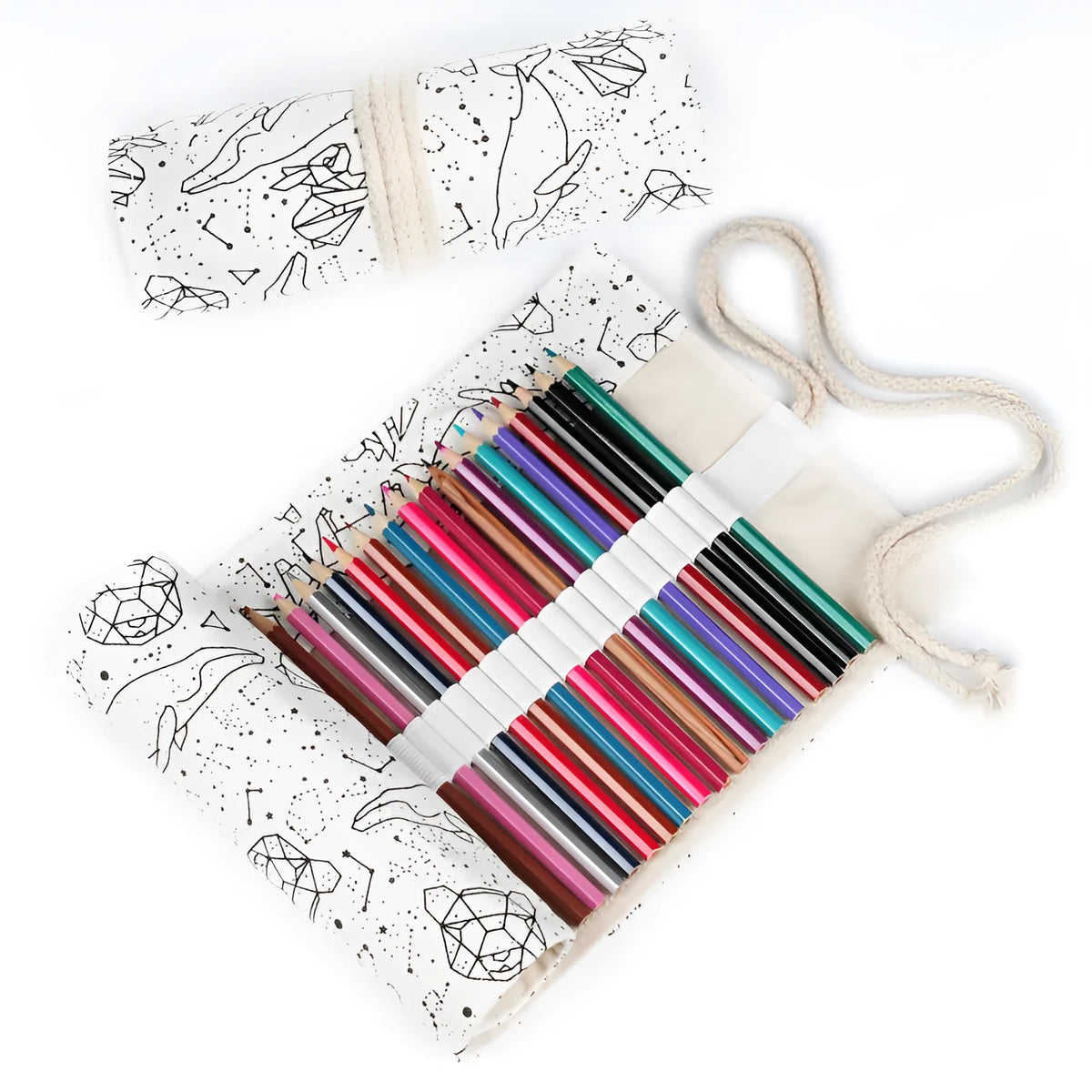 Canvas roll-up pencil case with starry sky print, plain square style, 12 to 108 holes, 0.1kg