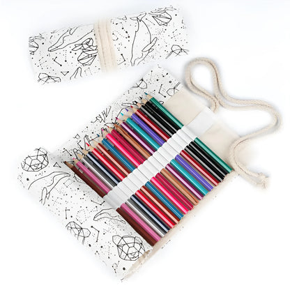 Canvas roll-up pencil case with starry sky print, plain square style, 12 to 108 holes, 0.1kg