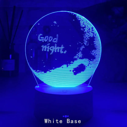 Creative 3D LED bedside night light with 4mm acrylic shade, touch switch, and USB cable on black ABS base