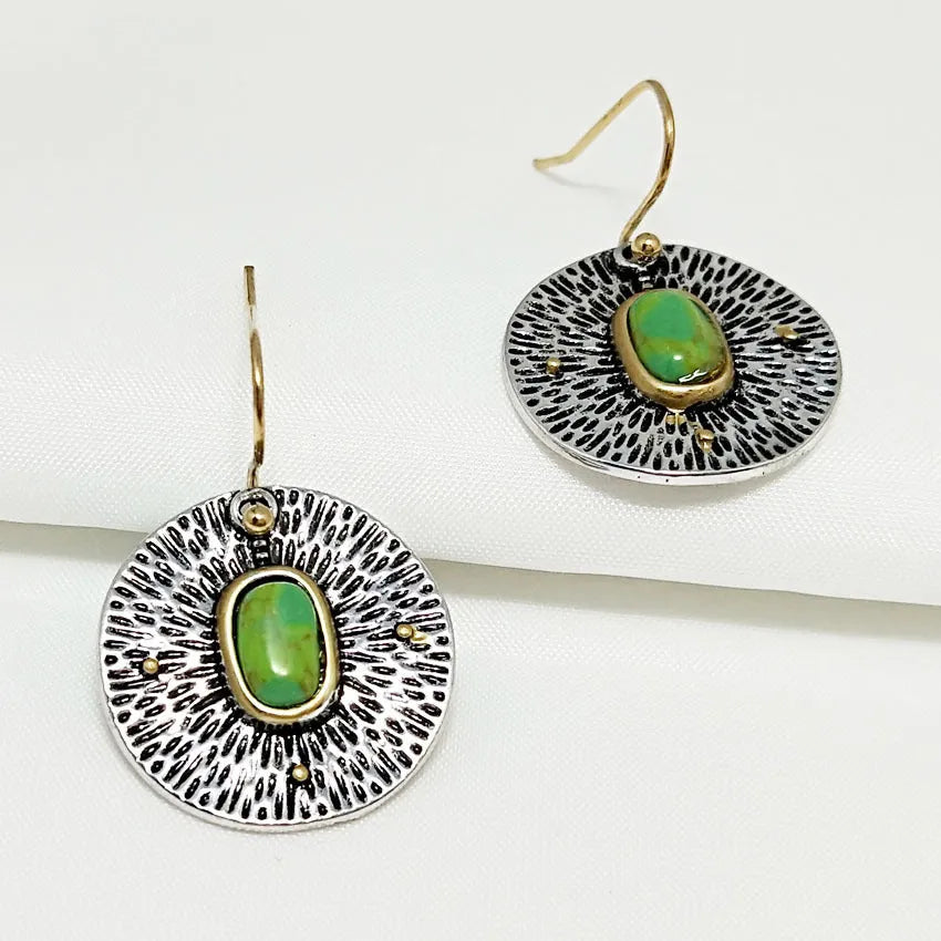 Turquoise colour separation antique silver alloy earrings with electroplating treatment