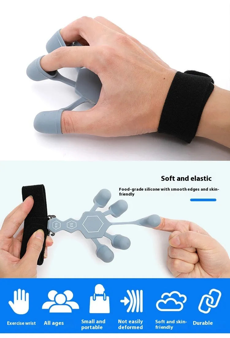 Grey and black silicone hand trainer for adult finger rehabilitation and strength exercises