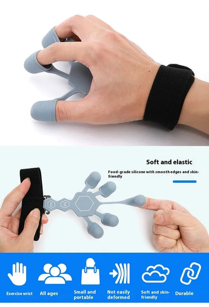 Grey and black silicone hand trainer for adult finger rehabilitation and strength exercises