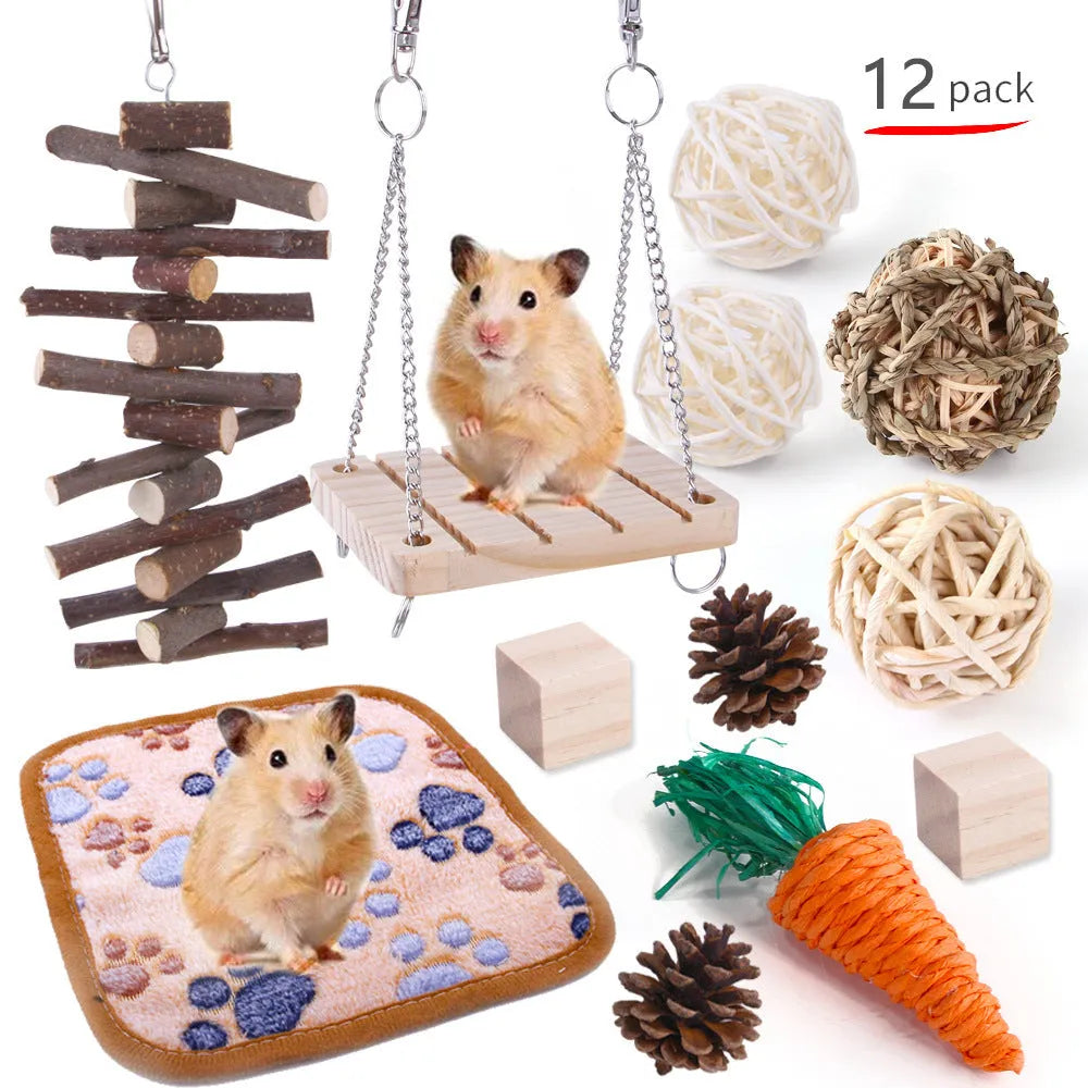 Assortment of wooden and natural fibre chew toys for small pets including balls, rings and woven shapes.