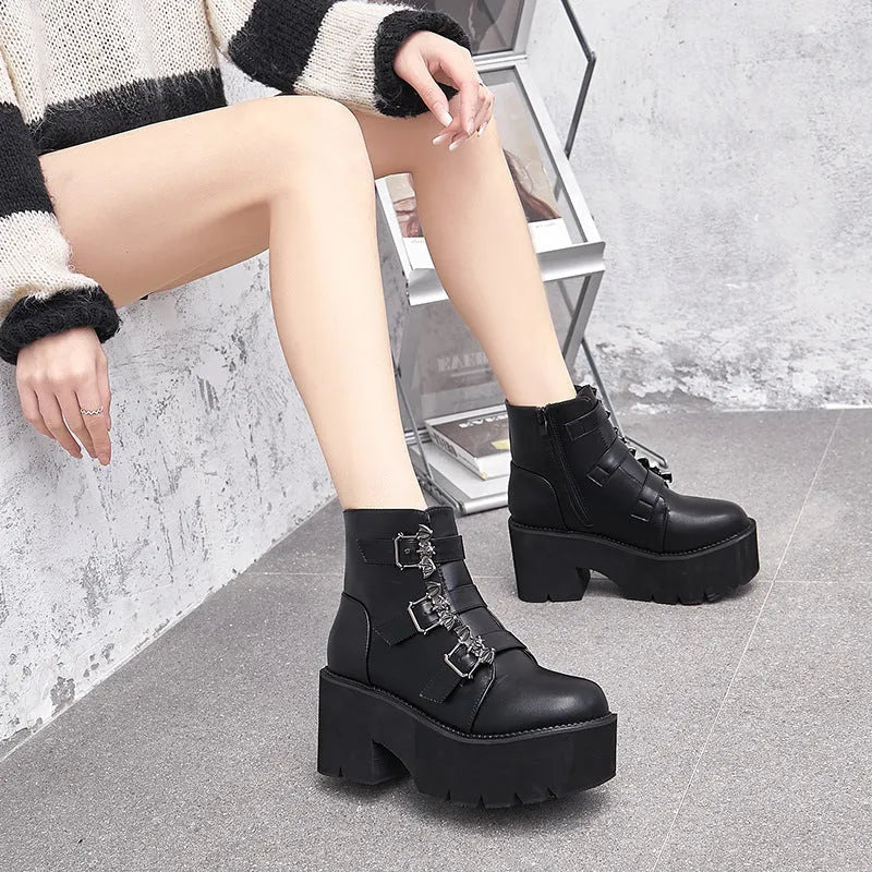 Black Harajuku punk bat buckle gothic short boots with side zipper, thick heel, and round toe