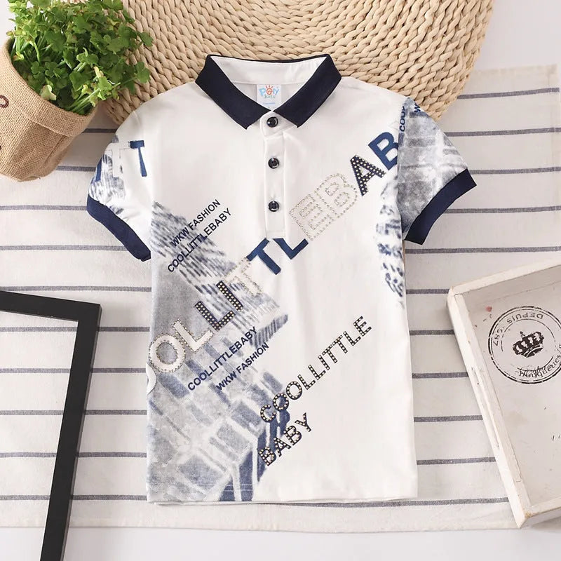 Boys short sleeve cotton lapel shirt in solid colour on a hanger.