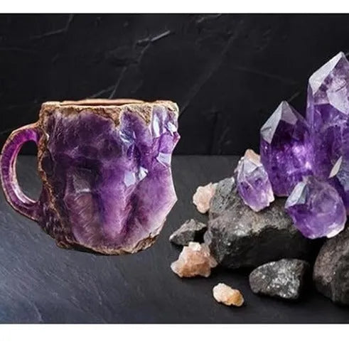 400ml resin mineral crystal coffee mug with handle in assorted colours including purple, blue, and pink.