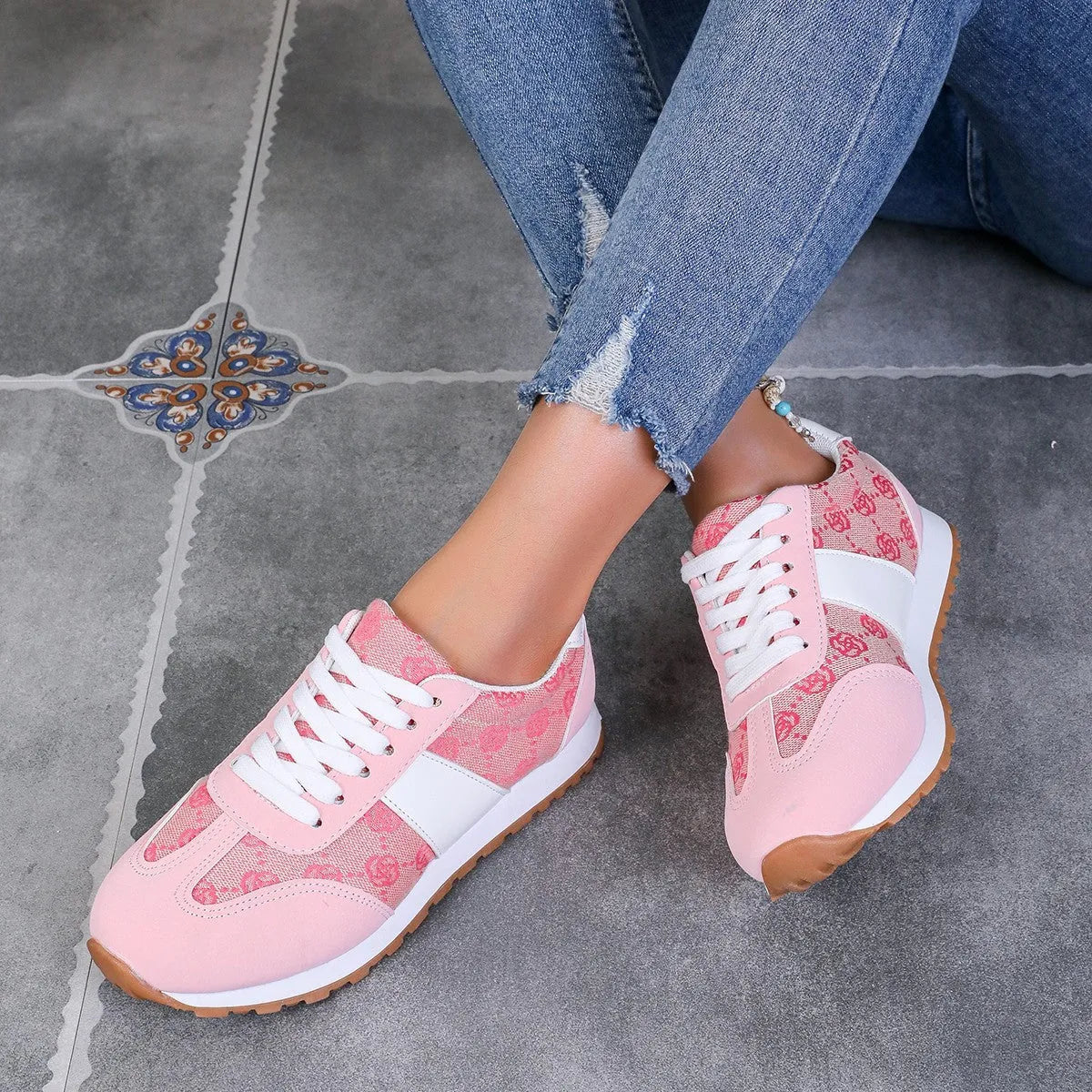Women's khaki lace-up casual shoes with floral cross-strap design and shallow mouth