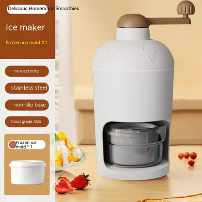 Manual ice crusher with stainless steel blades and white plastic body, compact and efficient for home or small stalls.