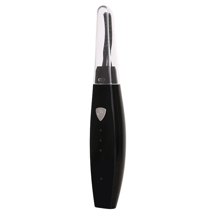 USB rechargeable electric heated eyelash curler in white, pink, black, and blue options