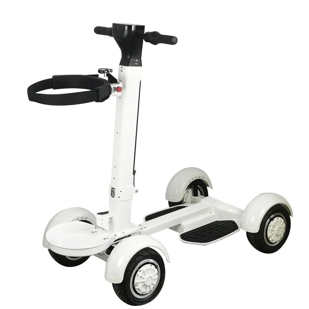 White four-wheel electric golf scooter with folding mechanism and aluminium alloy frame