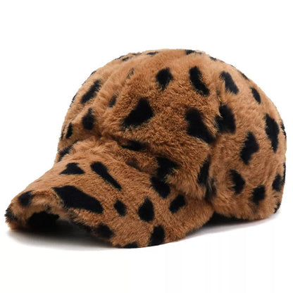 Adjustable leopard fleece baseball cap in various prints for winter wear