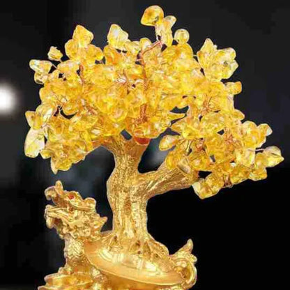 Citrine-coloured resin turtle money tree Feng Shui ornament measuring 18cm tall with detailed animal modelling