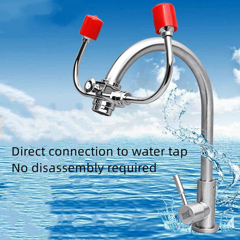 Versatile wall-mounted emergency eyewash station with dual spray heads for comprehensive eye coverage and hands-free 360-degree rotation