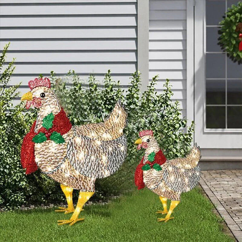 Iron Christmas lantern chicken with scarf for garden decoration