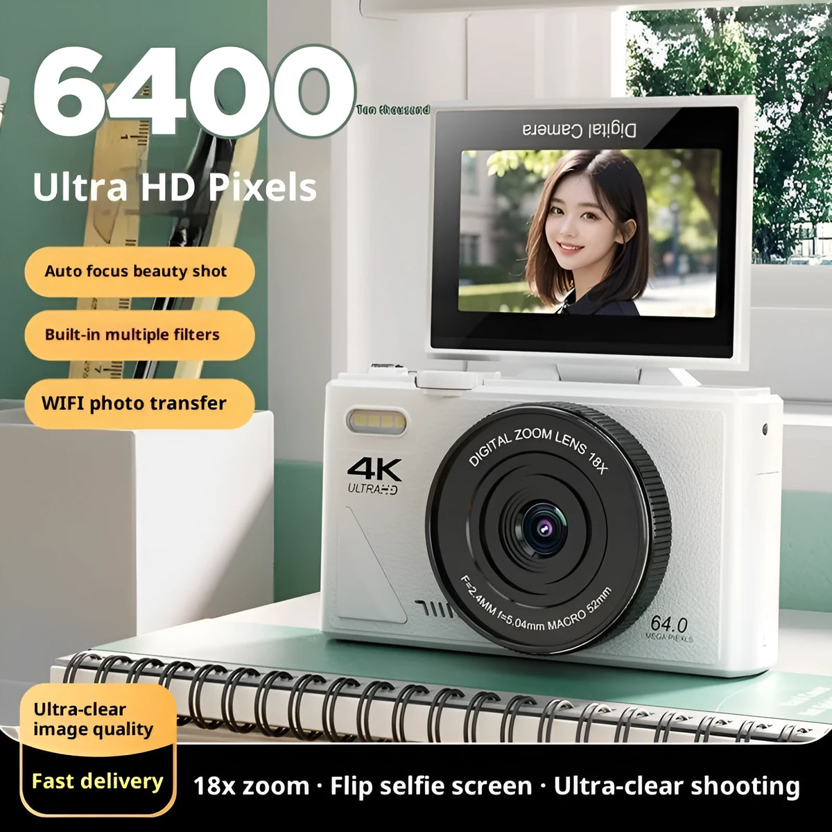 Compact CCD digital camera with Full HD screen and WiFi transmission, 11.5cm x 4.6cm x 6.95cm, in black, pink or white.