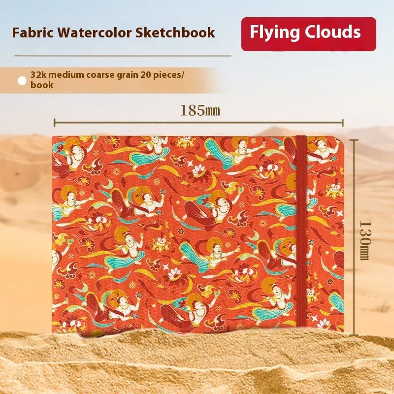 Feiluniao watercolour notebook with fabric cover, 185mm length, open to show paper for painting.