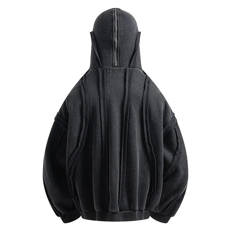 Black loose zip hooded cardigan with abstract pattern and padding for autumn wear