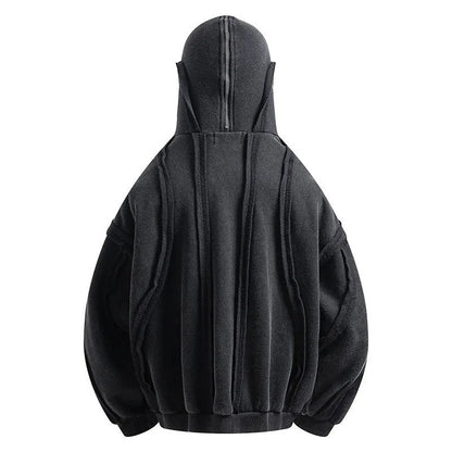 Black loose zip hooded cardigan with abstract pattern and padding for autumn wear