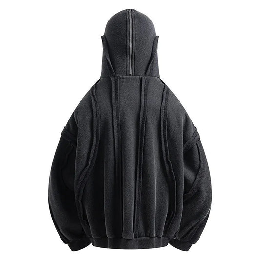 Black loose zip hooded cardigan with abstract pattern and padding for autumn wear