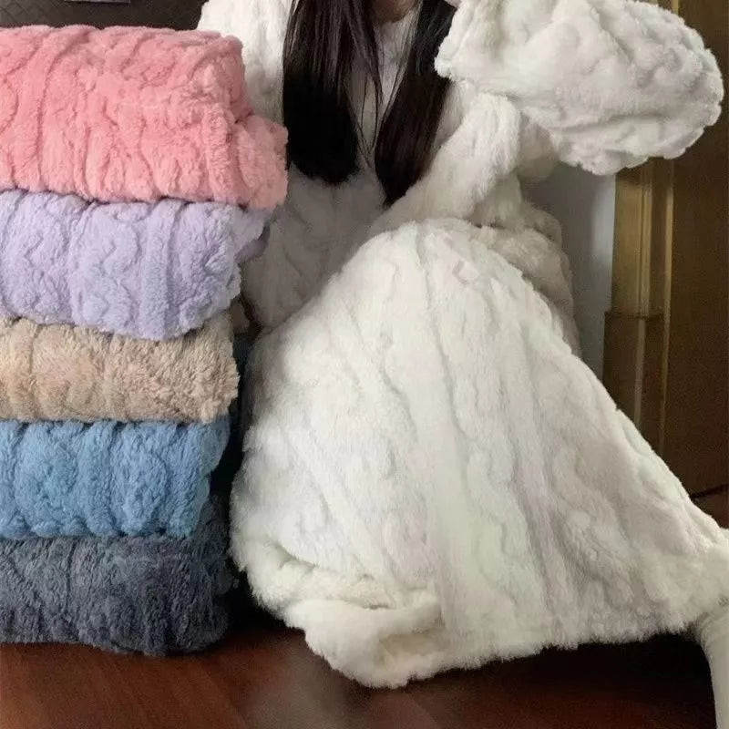 Women's winter coral fleece nightgown with pockets and jacquard design in various colors