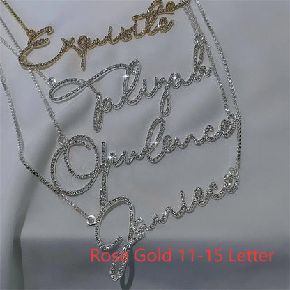 Stainless steel name necklace with diamond-studded English letters on adjustable chain in gold, rose gold, or silver