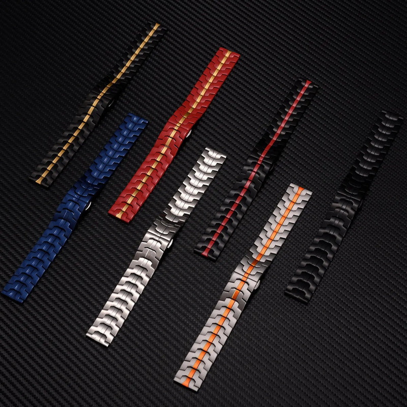 Stainless steel watch band compatible with Samsung Galaxy Watch 7, 6, 5 and other brands, available in a 20mm or 22mm universal size and multiple colours including black, silver, titanium, blue, red gold and two-tone finishes.