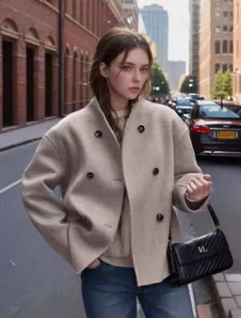 Double-faced woolen coat with three-row buttons in plaid and tweedst pattern for autumn and winter