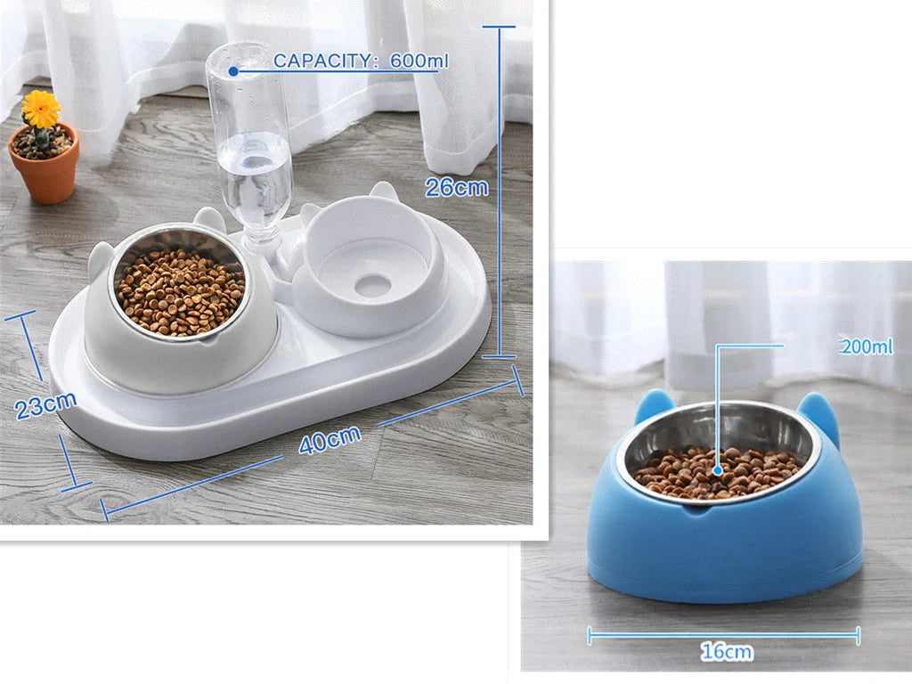 Stainless steel pet bowl with 15° tilt for cervical spine health, available in multiple colors