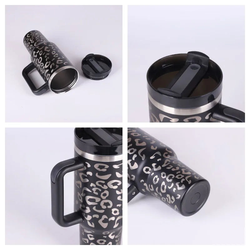 40 oz stainless steel insulated tumbler with handle and straw in tapered mug design