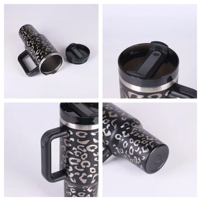 40 oz stainless steel insulated tumbler with handle and straw in tapered mug design