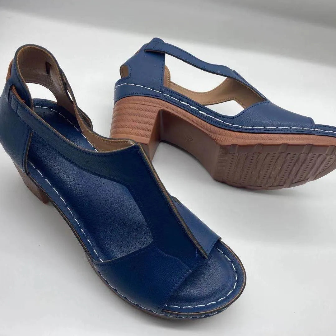 Plus size women's peep toe wedge sandals with adjustable buckle strap in light brown colour