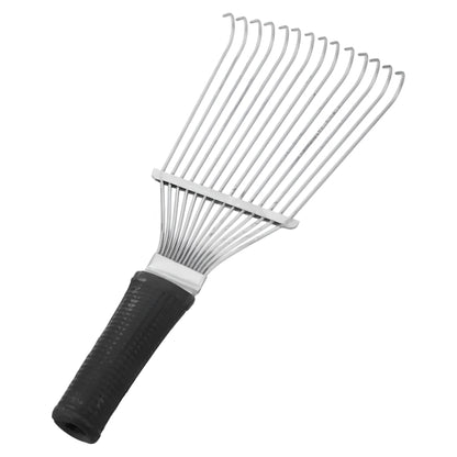 Black stainless steel pet grooming rake comb for dogs and horses on a white background.
