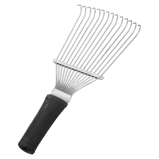 Black stainless steel pet grooming rake comb for dogs and horses on a white background.