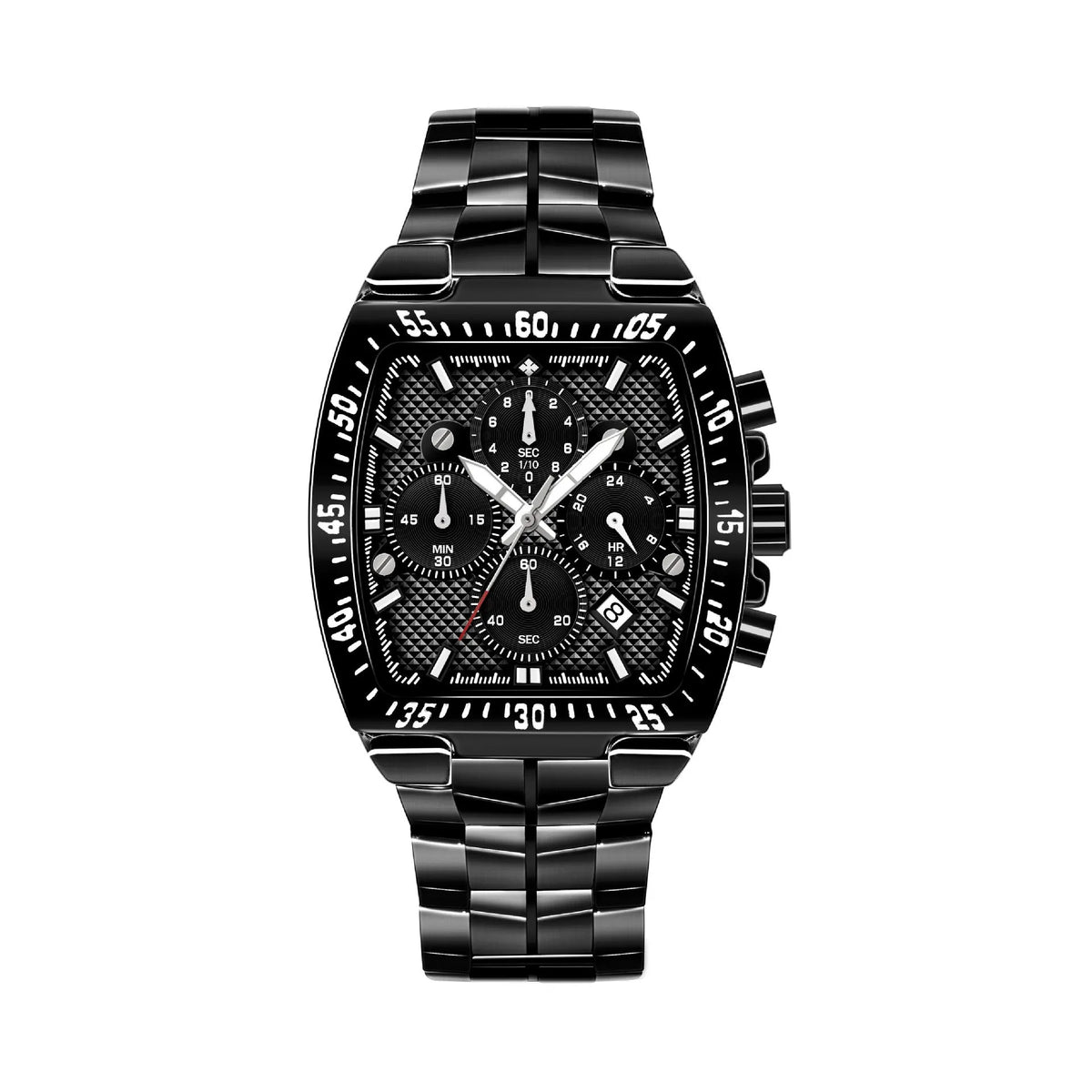 Men's seven needle steel belt quartz watch with pointer display, 30M waterproof, in black, blue, gold, or silver