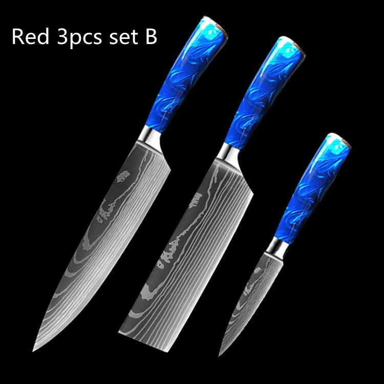 8-inch Chef Knife with vibrant blue resin handle, perfect for precision cutting in the kitchen.