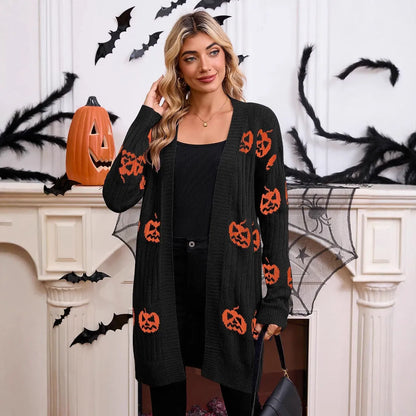 Women's black pumpkin head jacquard knitted cardigan with regular sleeves and straight cut