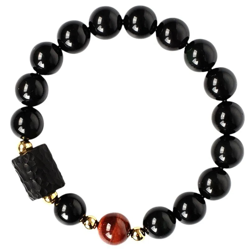 Handmade obsidian bracelet with 10mm red tiger eye beads, unisex retro design.