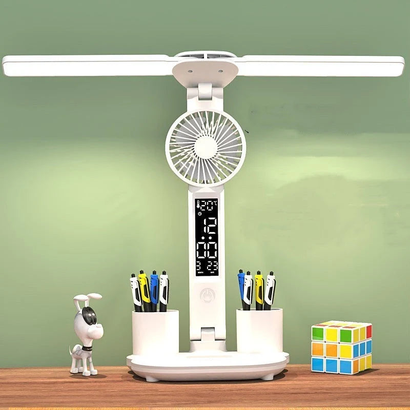 Foldable LED desk lamp with thermometer, calendar, fan, and pen holder