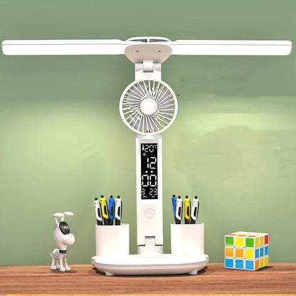 Foldable LED desk lamp with thermometer, calendar, fan, and pen holder