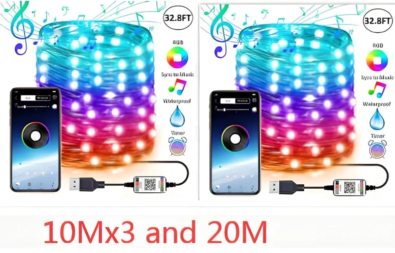 Programmable LED Christmas tree lights with app control showing custom colour animations on festive tree